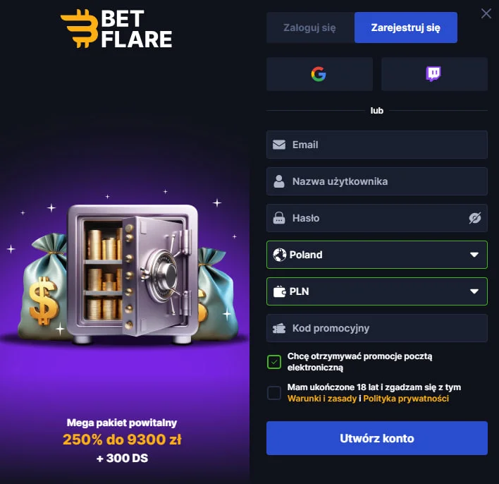 Rejestracja w Betflare Casino